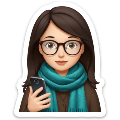 Fille châtain foncé avec lunettes. Elle porte une grosse écharpe. Elle est sur dans un toilettes. Téléphone en main sticker