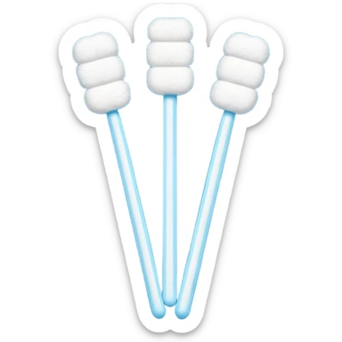 cotton swabs with clean white cotton tips on each end of a slim stick, stick white pastel or light blue, cotton tips soft fluffy slightly rounded, arranged in slight cross or parallel, clean minimal 3D look, soft lighting, no extra elements, no faces, emoji scale sticker
