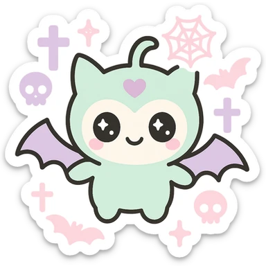 Add more gothic symbols such as crosses, spiderwebs, bats, and skulls to the pink and black kawaii phone case. Keep big eyes, bat wings, smiling, cartoonish, playful, with no background. sticker