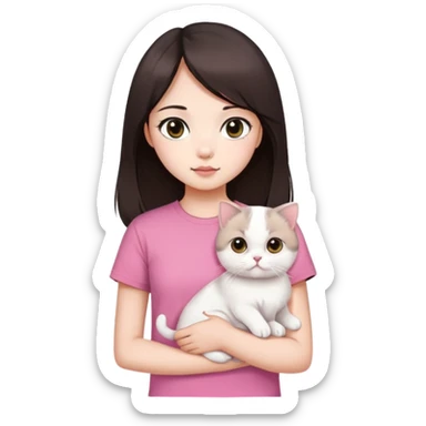 This Chinese girl's got fair skin and big black eyes. She's got long dark brown hair and she's wearing a pink t-shirt. She's holding a white Scottish Fold cat. sticker