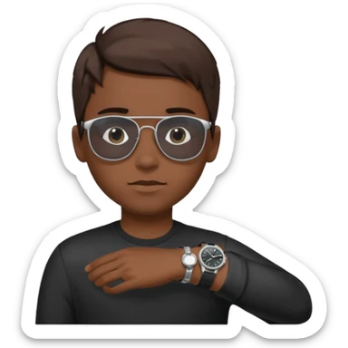 Un niño con pelo lacio color castaño,con lentes de sol negros y un reloj en la muñeca sticker