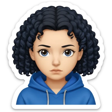 A woman with curly black hair, wearing a blue-black hoodie, and a slightly serious expression on her face. sticker