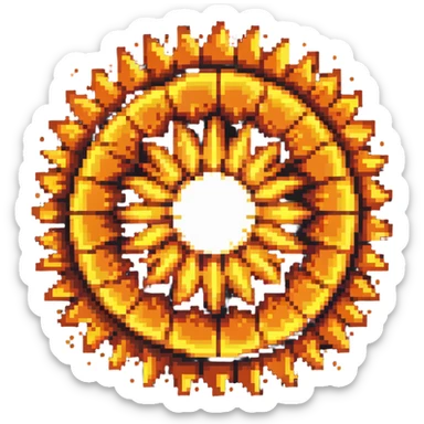 Bomberman explosion center tile, bright fiery explosion core with yellows and oranges radiating from center, circular explosion pattern, clean pixel art edges, slight transparency at edges sticker