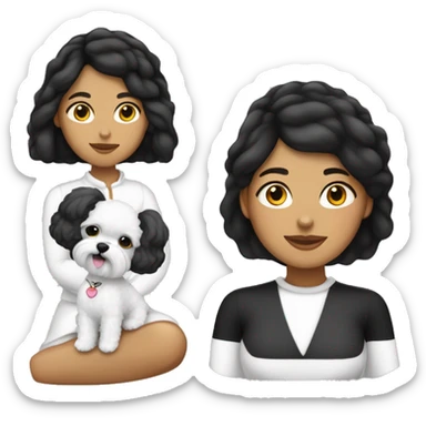 mujer con peinado largo negro n con perro bichon blanco sticker