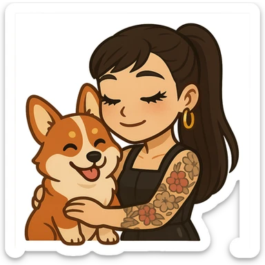 Ghibli-style emoji of an Asian girl with long hair in a ponytail, deep side bangs, black leather dress, gold hoop earrings, dramatic false lashes, and a floral 3/4 sleeve tattoo on her left arm, hugging a smiling red head tri-color corgi, simplified, emoji-like sticker