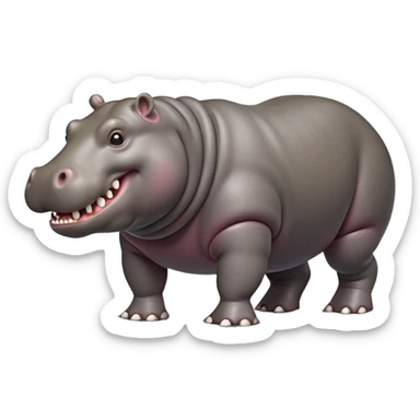 cinematic-hippo-realistic-full-body side view-standing on all fours-emoji,-massive-round-frame,-wide-mouthed-grin-exposing-huge-teeth,-head-tilted-dramatically,-thick-greyish-brown-hide-glossy-from-water,-simplified-yet-realistic-focused-features,-highly-detailed,-glowing-with-an-almost-sarcastic-glow sticker