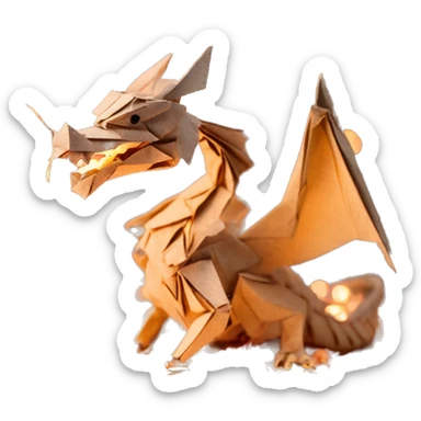 Beige Origami dragon made of newspapers on fire letters on fire burnt paper surrounded by fairy lights swirls covered in dried flowers bokeh floral flowers fire flames sticker