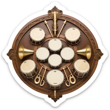 Create a heraldic, festive, and professional emblem-like emoji representing percussion instruments. The design should resemble a traditional crest, featuring a range of percussion instruments like cymbals, triangle, tambourine, maracas, timpani, and other traditional and folk percussion instruments. Arrange them symmetrically, with elements like cymbals crossing each other, a triangle at the center, and timpani or drums flanking the sides. The instruments should be depicted with metallic and wooden tones—shiny brass for cymbals, silver for the triangle, and rich wood or polished bronze for drums. Include ornate details like engraved patterns on the instruments, decorative swirls or laurels, and subtle accents to add elegance and festivity to the composition. The overall design should be cohesive, balanced, and visually striking, suitable for use as a prestigious emblem. The background should be transparent. sticker