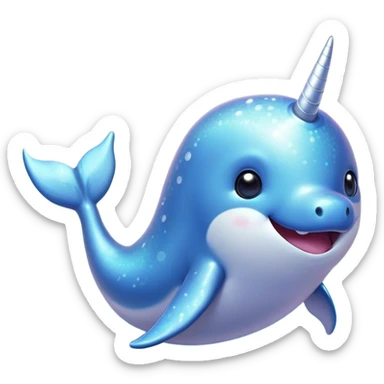 Cinematic Cute Narwhal Portrait Emoji, Head tilted playfully and inquisitively, with a glossy, shimmering body highlighted by its iconic tusk and sparkling eyes filled with wonder, Simplified yet irresistibly adorable features, highly detailed, glowing with a warm, friendly glow, high shine, affectionate and lively, stylized with a touch of whimsical charm, bright and endearing, soft glowing outline, capturing the essence of a mischievous marine marvel that feels like it could frolic out of the screen into your heart! sticker