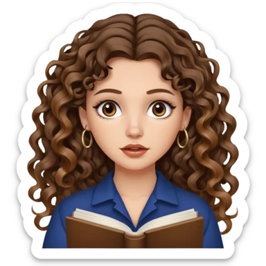 cute girl with not volominous VERY LONG curly/wavy brunette hair with balayage, brown eyes, full lips, natural clean girl makeup and hoop earrings white girl: super desperate studying sticker