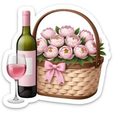 White Picnic basket with light pink bow and white peonies inside and a pink wine bottle sticker