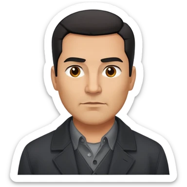 Strong built middle-aged Hispanic man with tan complexion, short black straight hair combed back with faded sides, square masculine face with defined jawline, wearing black coat and gray button-up shirt tucked in sticker