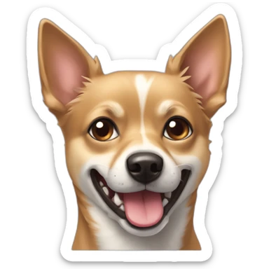 mutt dog that is mostly like a small german shephard but with larger chihuahua eyes and a large overbite with her left canine tooth a bit crooked and sticking of her mouth sticker