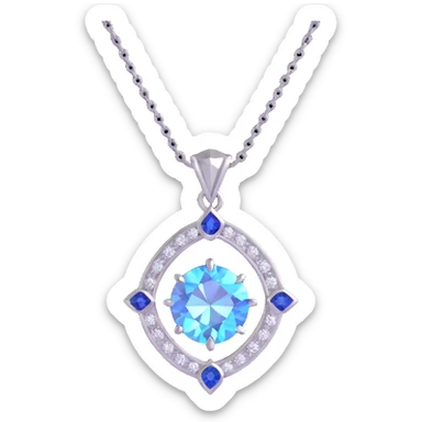 Y2K style silver pendant with a round cut white diamond featuring a holographic effect, small blue sapphire accent, iridescent and pastel details, playful shapes sticker