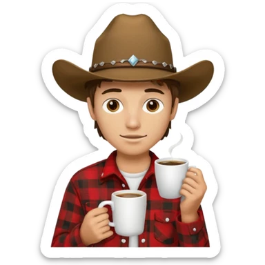 generate an ios genmoji of a 20 year old tan boy with a cowboy hat and side burns. Wearing a flannel and carrying a coffee mug sticker