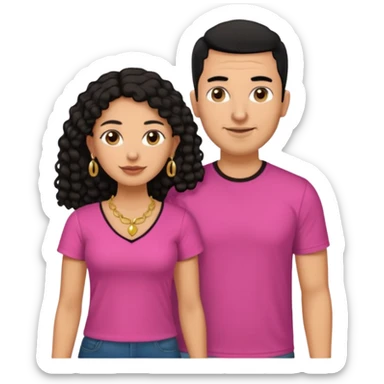A picture if a couple. the man is a Mexican man with tanned skin, black hair, a bald hair cut, short boxed beard, and with a black t-shirt on. the woman is mixed with black and white, with brown curly long hair, gold earrings, a gold necklace and a pink shirt on and big boobs sticker
