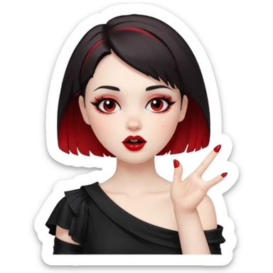 A girl with goth makeup and short hair( dark brown and bottom of hair red) winking and blowing kiss while raising one shoulder.  sticker