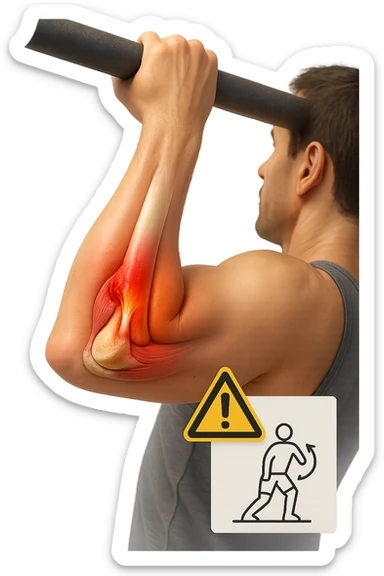 3D, vertical anatomical visualization: close-up of a man’s elbow during a pull-up, with the internal anatomy visible. A clear rupture or lesion is shown in the tendon or ligament, colored in red and orange. Swelling and inflammation are depicted around the joint. A warning icon and a small infographic explain the mechanism of injury. sticker