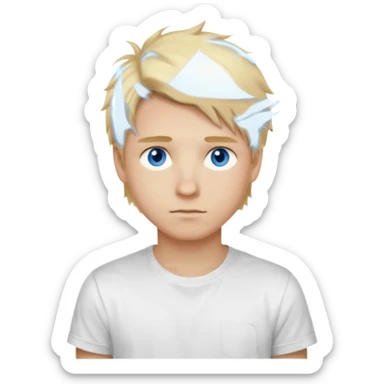 create boy blonde hair long messy, light eyes, white t shirt, rich, long hair, eyes blue, acessory rolex or cartier sticker