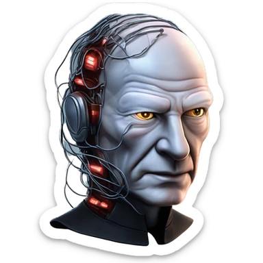 Jean luc picard from Star Trek assimilated by the Borg, with mechanical metal covering the left side of his face, with wires and a red light on the left side. His eyes are blue sticker