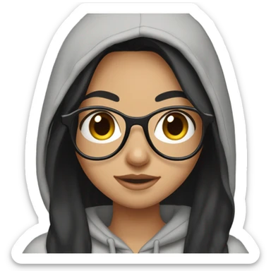 Pretty girl, Black long hair,big brown eyes,in a light grey hoodie,with a pair of black glasses  sticker