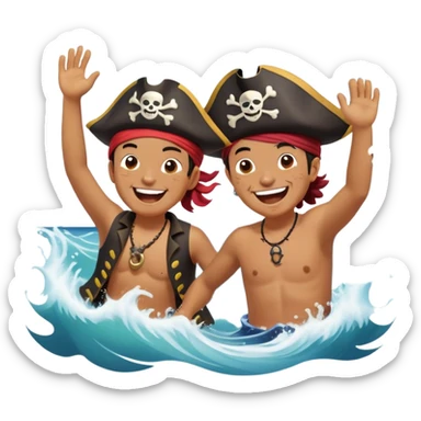 A person splashing in the ocean, laughing with a warm friend beside them. They’re playfully pretending to be pirates, fully immersed in the fun. The sun glows above, and the waves crash around them, symbolizing the joy of being present, creating fun, and appreciating the moment with the people  sticker