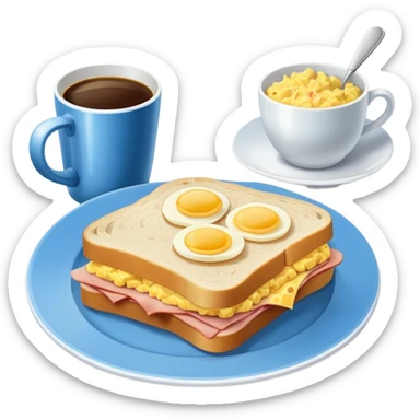 a blue breakfast plate, a sandwich with ham and scrambled eggs and a cup of white coffee sticker
