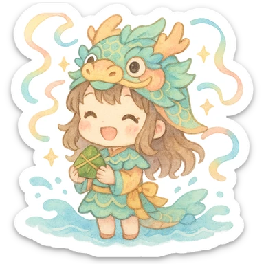 chibi girl wearing a pastel dragon boat outfit, smiling and holding a rice dumpling, with floating colorful ribbons, sparkles, soft waves, festive Dragon Boat Festival mood, kawaii, watercolor, pastel, fluffy sticker