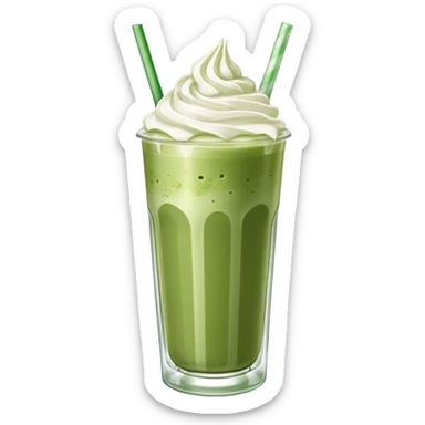 iced matcha latte in a tall clear glass with straw and whipped cream sticker