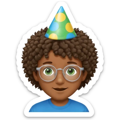 A boy with curly brown hair and green eyes with a happy face, and wear square glasses.He’s also got a full silver birthday party hat on his head with blue pom poms on top of it, and his T-shirt is all black, he wears a little gold circle earrings on his left  sticker