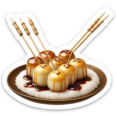 Mitarashi dango with shiny soy sauce glaze drizzled over white rice dumplings on a bamboo skewer sticker