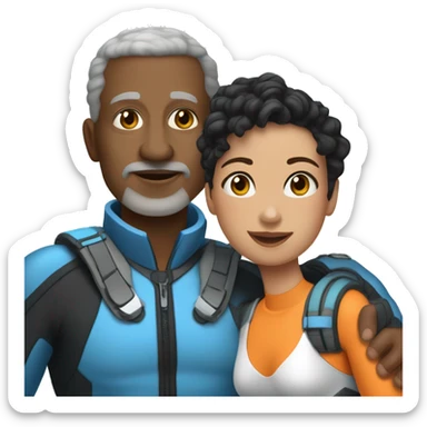 40 year old woman with light brown skin and short curly black hair, holding the hand of a 50 year old white man with short gray hair, both people dressed in snorkel gear sticker