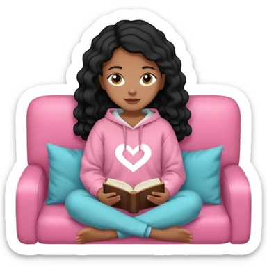 Una chica linda de cabello negro con ondas hasta los hombros de piel blanca con una sudadera rosa en un sofá cómodo y hermoso leyendo la biblia sticker
