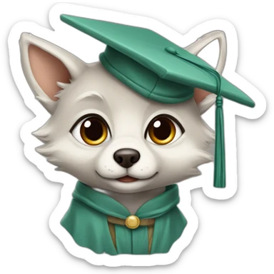 cuty wolf similar to baby yoda with a university mortarboard sticker