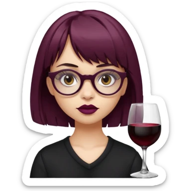 Emoji girl that has mid length brown shaggy cut hair with baby bangs, has hazel eyes and wears half transparent glasses, she is goth and wears wine colored lipstick sticker