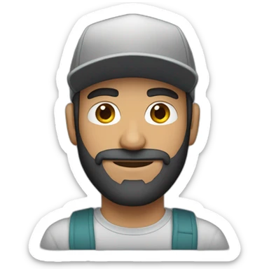 a Turkish man with a short beard and a snapback hat holding a big grey cat sticker