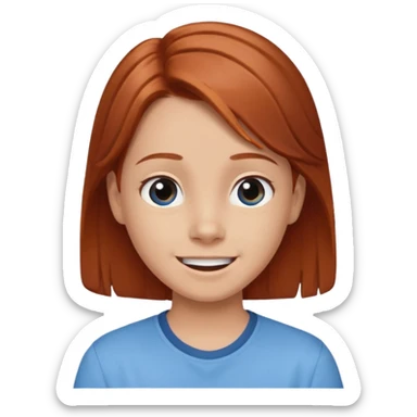 shrugging happy emoji tween long auburn hair light blue shirt with a darker blue L sticker