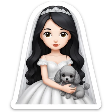 A beautiful girl with long black hair in a wedding dress holds a small gray poodle sticker
