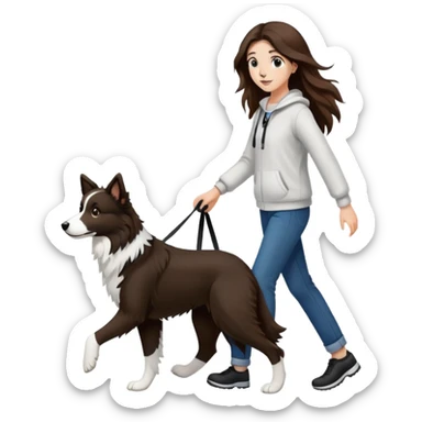 A beautiful girl with long brown hair walks a black and white Border Collie sticker