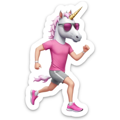 friendly anthropomorphised male white unicorn in grey shorts and pink t-shirt, wearing dark sunglasses, jogging upright in a standard pose sticker