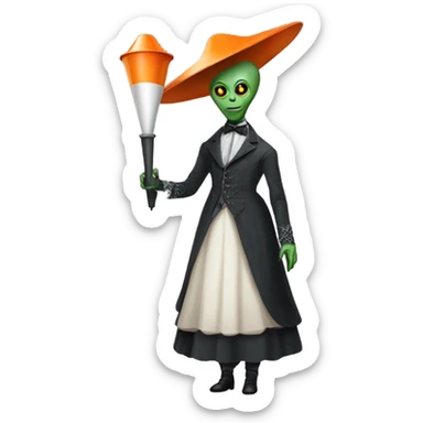 alien galora in Victorian dress elegant, full body, holding big traffic cone sticker