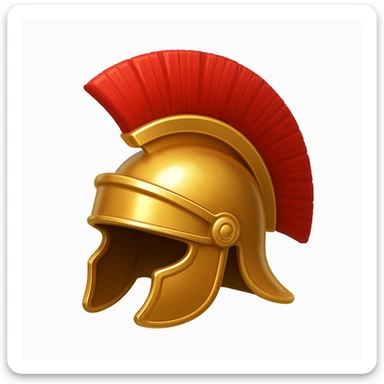 Make a helmet emoji exactly like the helmet in the reference image, in iOS emoji style. Roman helmet, gold with red crest, shiny and smooth. Add a subtle highlight. sticker