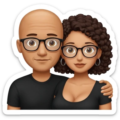 A picture of an embracing tanned couple. the man is a Mexican man with tanned skin, with a bald hair cut, short beard and wearing a black shirt. the woman is short with long curly dark brown hair and with big boobs. Put glasses on the woman only. The man doesn't have glasses. sticker