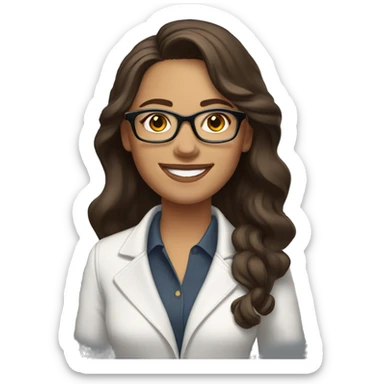 Create a woman emoji with long dark brown wavy hair, fine features, white skin, brown eyes, wears prescription glasses, with a smiling and happy expression. She is dressed in a fitted white jacket. sticker