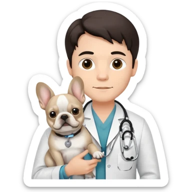 joven médico con el pelo un poco largo pero no tanto y lacio, que tenga un estetoscopio de color de tez negra que sostiene un bulldog francés blanco sticker
