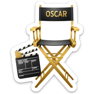 Icon for Directing: professional collage with director's chair, a film slate, a megaphone and an Oscar statuette. The icon should represent the creative and leadership aspects of directing, with focus on film and theater production. Transparent background. sticker
