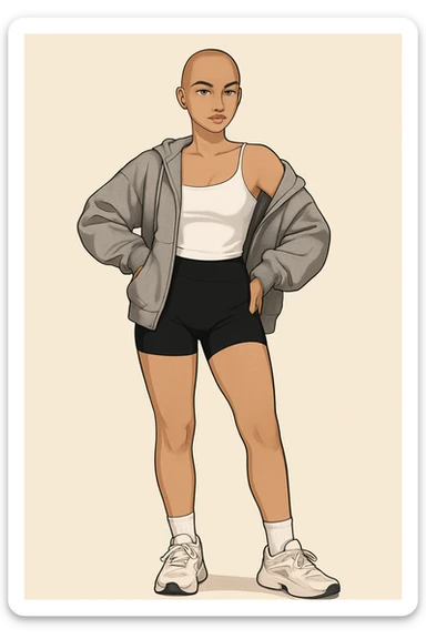 Create a high-quality avatar of a woman without hair, wearing shoes. The pose should be feminine, slightly sexy, yet stylish and aesthetic. The head is looking straight ahead. Use the same skin color as the original model. Ensure very high quality with no glitches, no visual artifacts, no colored stripes. The shading should be clean, edges smooth, clothing fits naturally, and lighting is even and natural. sticker