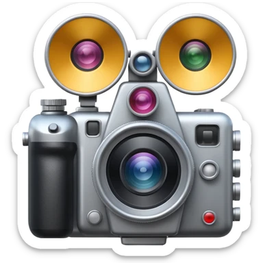 Minimal emoji icon of a huge cinematic metalic camera, front view, realistic lens, no gold sticker