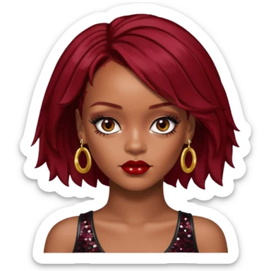 Rihanna with dark red hair, black sequin crop top, hazel eye sticker