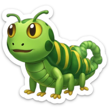 Caterpie is an insect Pokémon that resembles a green caterpillar with a yellow underside and teardrop-shaped tail. There are yellow ring-shaped markings down the sides of its segmented body sticker
